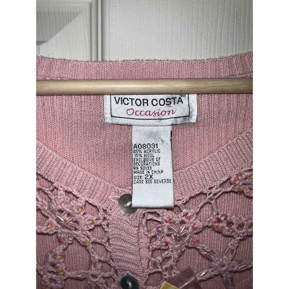 Vintage Victor Costa Pastel Pink Wool Cardigan Sweater Ribbed Women 2X A003289 - Picture 4 of 8